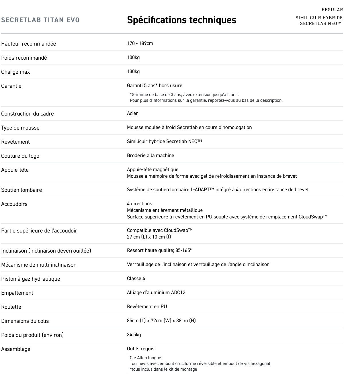 Secretlab TITAN Evo Secretlab Leatherette Specifications